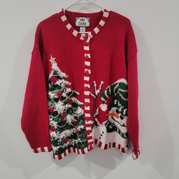 Vintage Tiara Womens Cardigan Ugly Christmas Sweater Size Large Full Zip Snowman - Picture 1 of 8